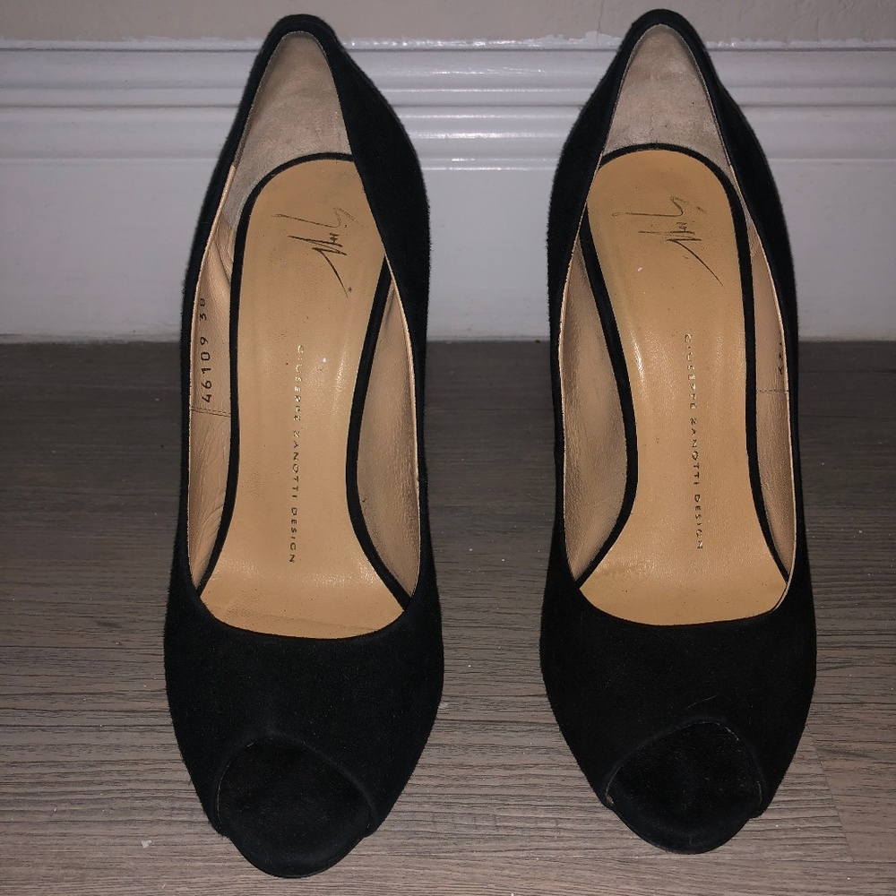 Guiseppe Zanotti Design Black Suede Peep Toe Pump